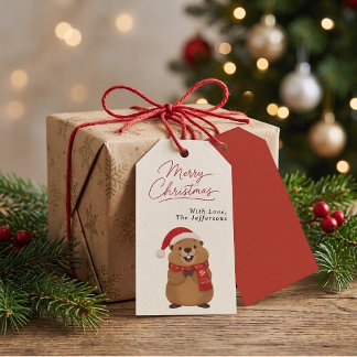 Etiqueta Para Presente Marmota de Natal Fofo com Chapéu de Papai Noel e C