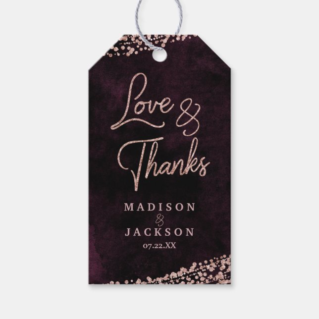 Etiqueta Para Presente Marsala Wine & Rosa Dourado Weding Love & Obrigado (Frente)