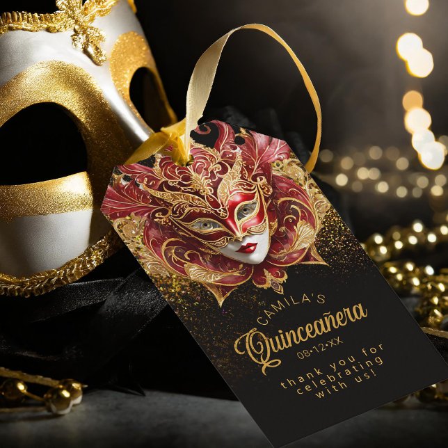 Etiqueta Para Presente Máscara Quinceanera Vermelho Dourado V2 ID1031 Eti (Criador carregado)