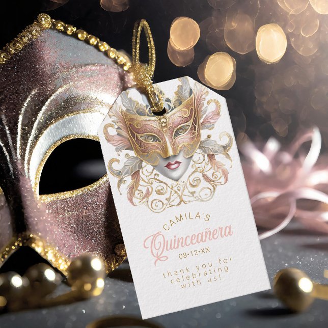 Etiqueta Para Presente Masquerada Quinceanera Dourado Rosa ID1031 (Criador carregado)