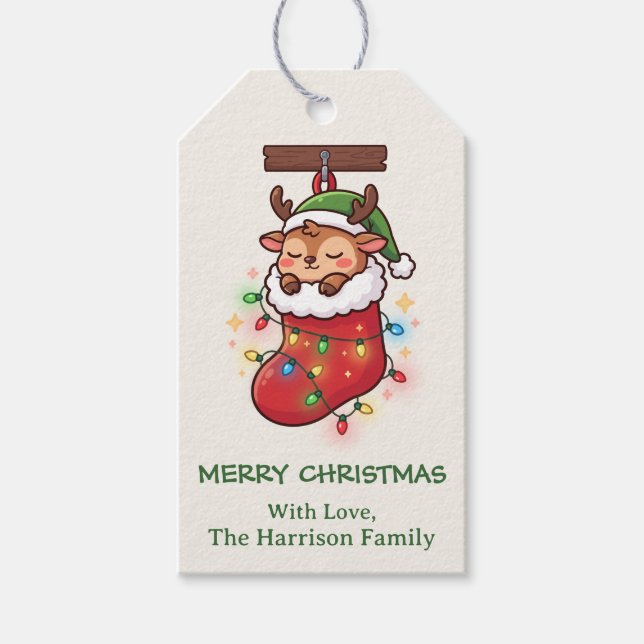 Etiqueta Para Presente Meia de Natal com Rena Chibi Fofa (Frente)
