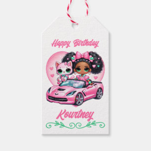 Etiqueta Para Presente Menina Afro-Americana com Gato em Corvette Rosa