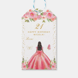 Etiqueta Para Presente Menina de Pele Morena com Floral Rosa Feliz Aniver