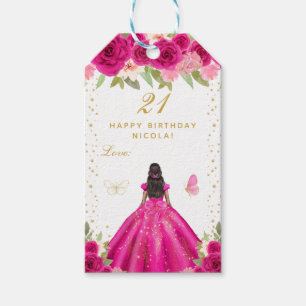 Etiqueta Para Presente Menina de Pele Morena com Flores Rosa Vibrante Fel