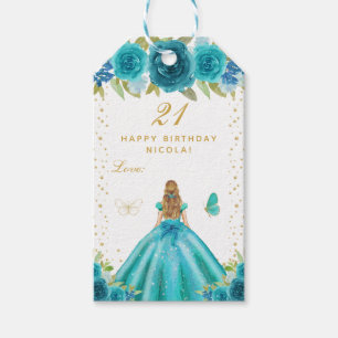Etiqueta Para Presente Menina Loira de Cabelo Floral Turquesa Feliz Anive