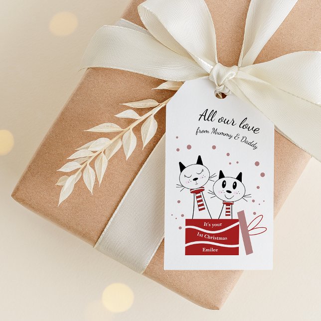 Etiqueta Para Presente Meninas do Primeiro Natal Gatos Rosa Vermelhos (Criador carregado)