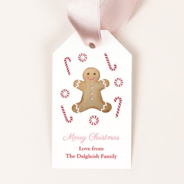Etiqueta Para Presente Meninas Feriados Gingercake Man Peppermint Candy (Pink and red gingerbread man and peppermint candies merry christmas gift tags)