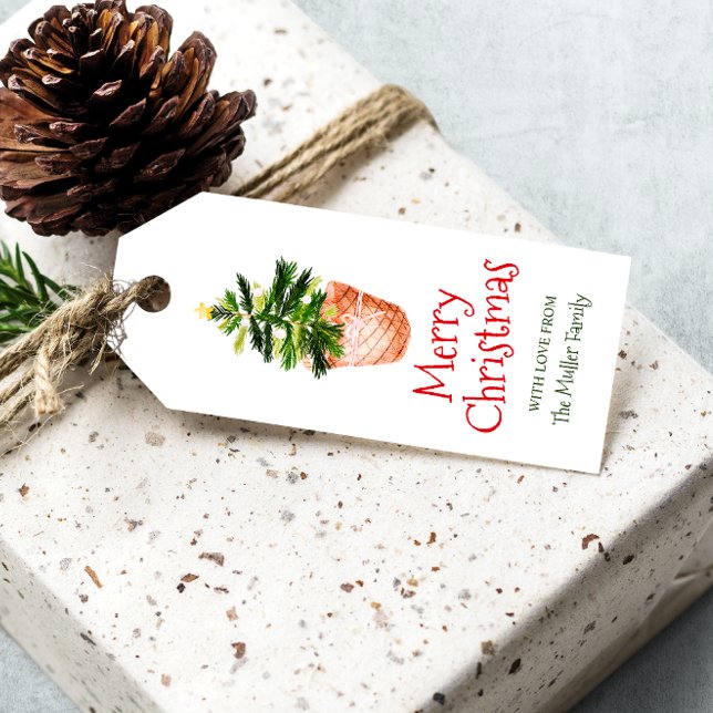 Etiqueta Para Presente Merry Christmas — cesto verde-aquarela (Merry Christmas tree basket green watercolor Gift Tags)