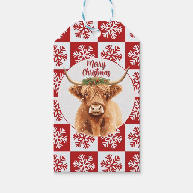 Etiqueta Para Presente Merry Christmas Greenery Highland Miniature Cow (Frente)