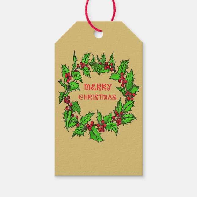 Etiqueta Para Presente Merry Christmas Holly Wreath With Berries  (Frente)