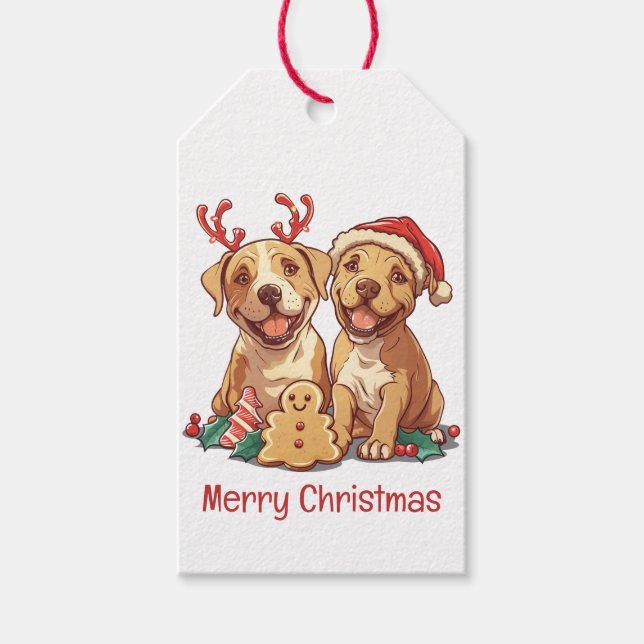 Etiqueta Para Presente Merry Christmas Pit Bull Cães (Frente)