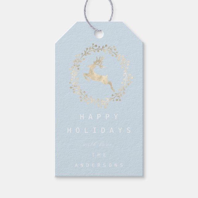 Etiqueta Para Presente Merry Christmas Reindeer Champaigne Dourado Blue (Frente)