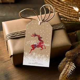 Etiqueta Para Presente Merry Christmas Reindeer Tartan Red/Kraft ID590