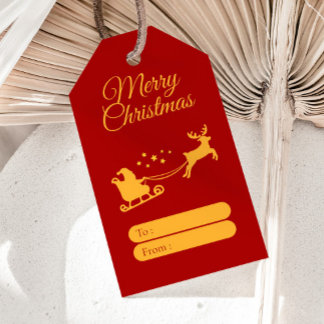 Etiqueta Para Presente Merry Christmas Santa & Reindeer Red Gold