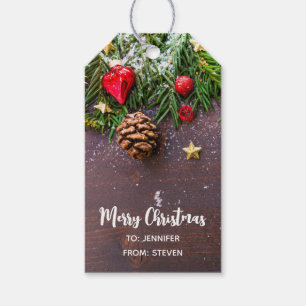 Etiqueta Para Presente Mesa de Natal russa com pinheiro e neve