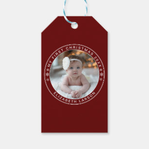 Etiqueta Para Presente Meu Primeiro Natal Personalizado Foto do Bebê Verm