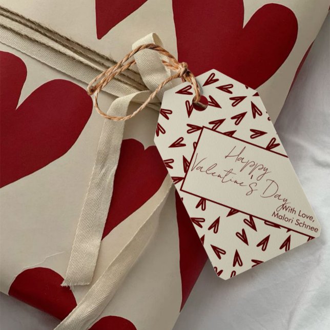 Etiqueta Para Presente Minimal Burgundy & Cream Hearts Valentine (Criador carregado)