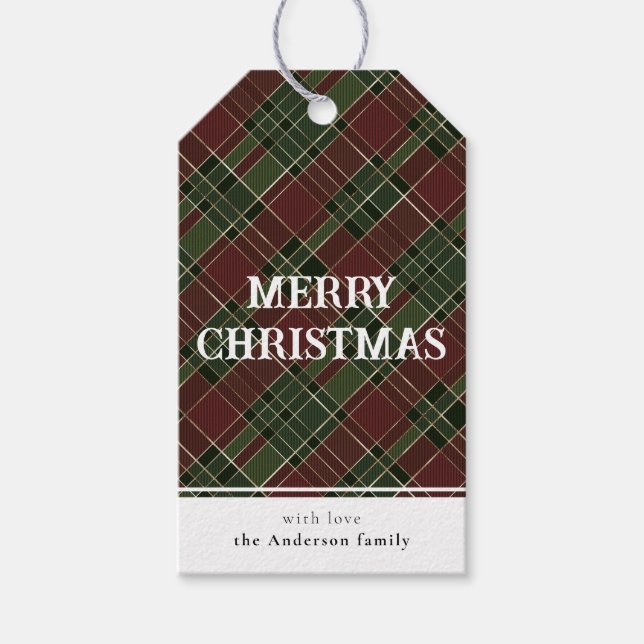 Etiqueta Para Presente Mínimo Vermelho e Xadrez Verde Feliz Natal (Frente)