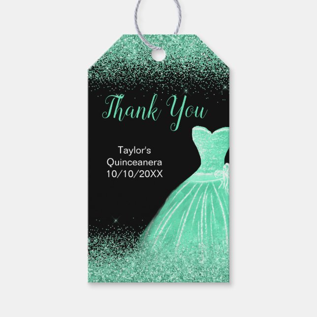 Etiqueta Para Presente Mint Green Dress Faux Glitter Quinceanera (Frente)