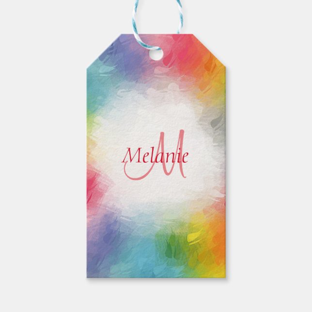 Etiqueta Para Presente Modelo de Arco-Íris Moderno Colorido de Monograma  (Frente)