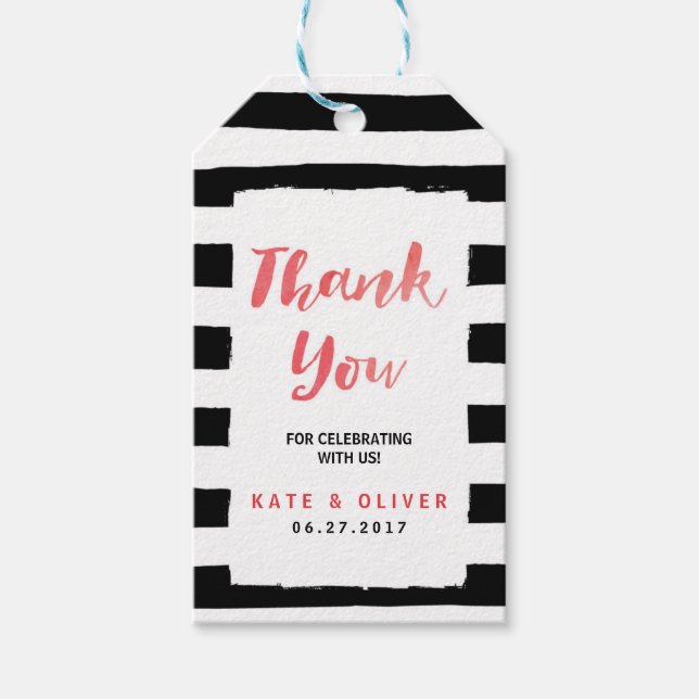 Etiqueta Para Presente Modern Chic Black & White Strips Obrigado (Frente)
