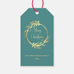 Etiqueta Para Presente Modern Faux Dourado Teal Merry Christmas Wreath