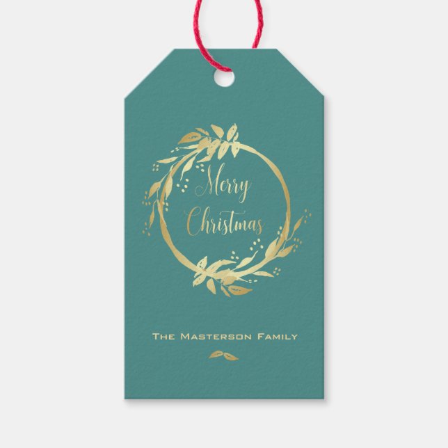 Etiqueta Para Presente Modern Faux Dourado Teal Merry Christmas Wreath (Frente)