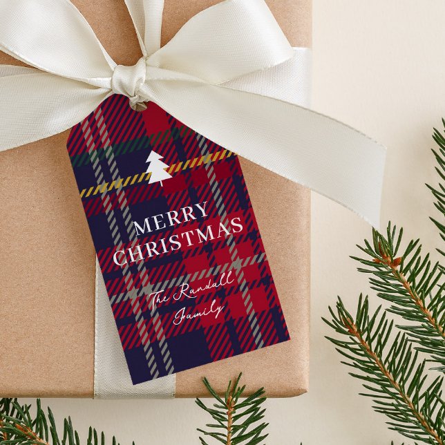 Etiqueta Para Presente Modern Plaid Christmas Tree  (Rustic red plaid christmas tree gift tags.)