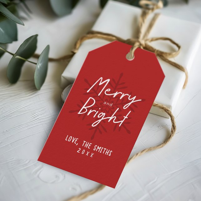 Etiqueta Para Presente Modern Script Merry & Bright Snowflakes Christmas (Modern Script Merry & Bright Snowflakes Christmas Gift Tags)