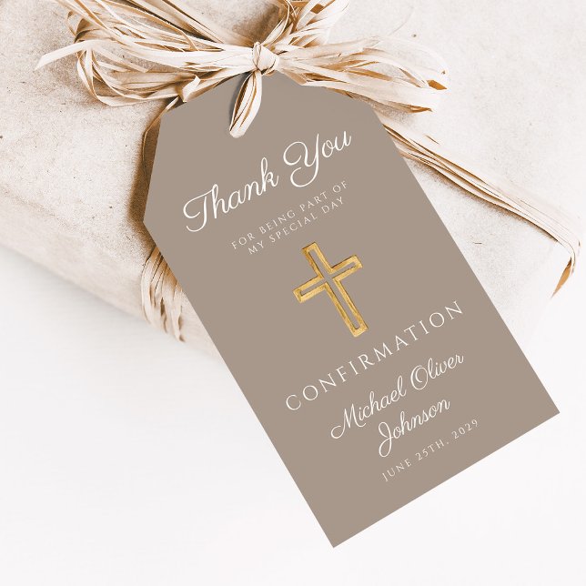 Etiqueta Para Presente Modern Taupe Religious Cross Boy Confirmation (Modern Taupe Religious Cross Boy Confirmation Gift Tags)
