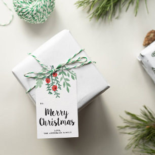 Etiqueta Para Presente Modern Watercolor Holly Merry Christmas