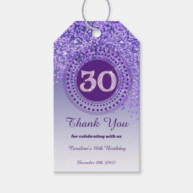 Etiqueta Para Presente Moderno Aniversário de 30 anos com Brilho Roxo Cai (Frente)