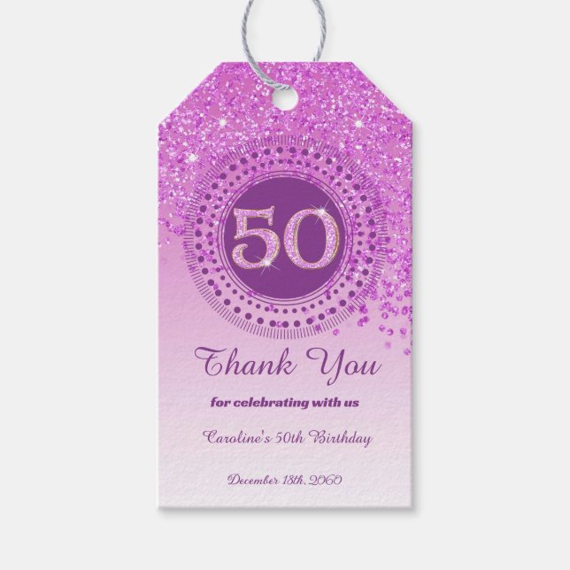 Etiqueta Para Presente Moderno Aniversário de 50 anos com Brilho Rosa (Frente)