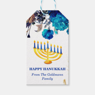 Etiqueta Para Presente Moderno Blue e Dourado Menorah Happy Hanukkah