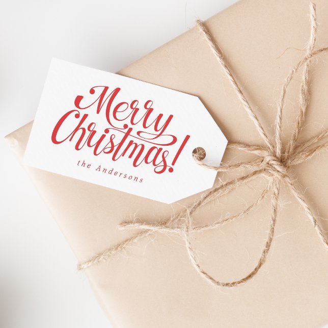 Etiqueta Para Presente Moderno Feliz Natal (Kraft wrap, rustic twine, red script tag—minimal, cozy holiday)
