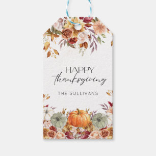 Etiqueta Para Presente Moderno Floral Pumpkin Rustic Feliz Ação de Graças