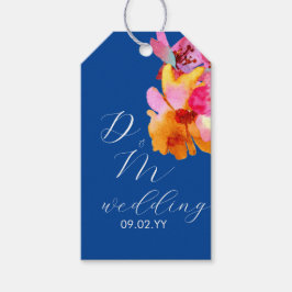 Etiqueta Para Presente Monograma Azul de Florais Brilhantes em Aquarela C
