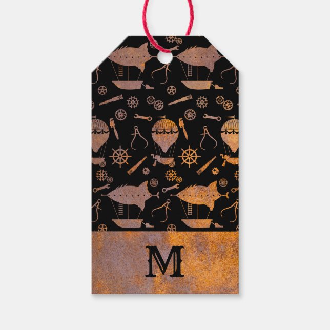 Etiqueta Para Presente Monograma de aeróstatos Steampunk Rusty (Frente)