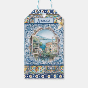 Etiqueta Para Presente monograma de azulejos florais azuis-italianos de v