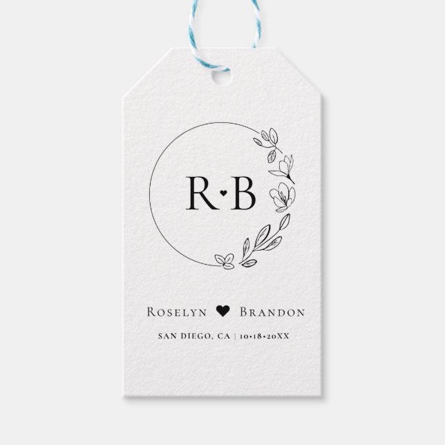 Etiqueta Para Presente Monograma de Casamento Floral Simples Elegante (Frente)