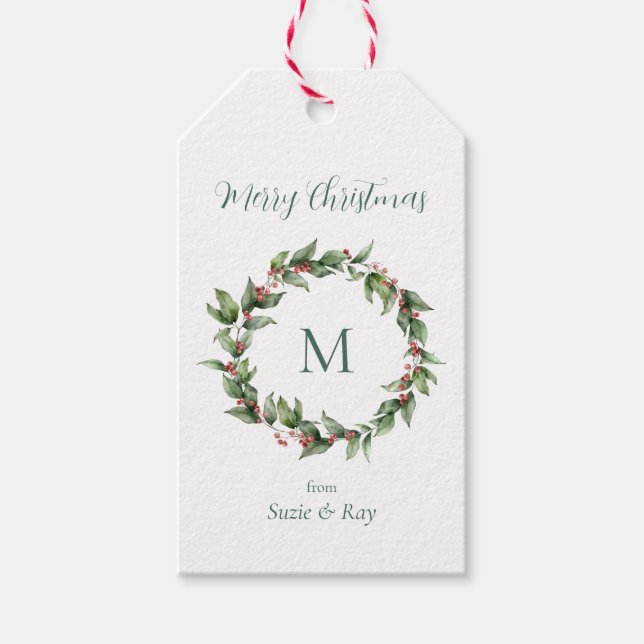 Etiqueta Para Presente Monograma de Coroa de Natal Holly Wreath  (Frente)