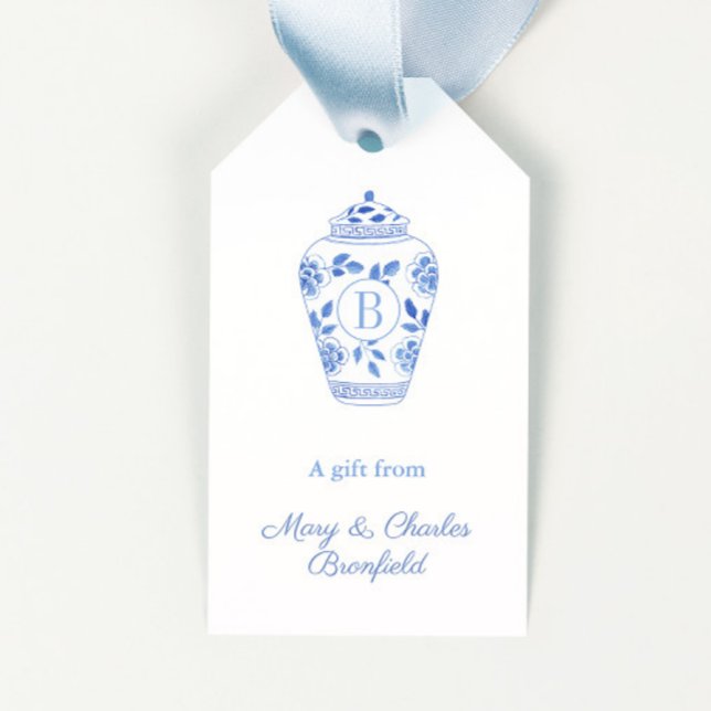 Etiqueta Para Presente Monograma de Hostess Ginger Jar Elegante (Hand painted in watercolor blue and white ginger jar with monogram hostess gift tags)
