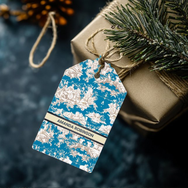 Etiqueta Para Presente Monograma de Torquoise Azul de Jouy (Criador carregado)