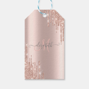 Etiqueta Para Presente Monograma Dourado Rosa com Efeito de Gotas Brilhan