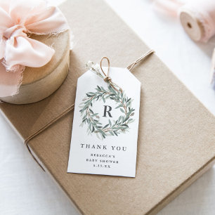 Etiqueta Para Presente Monograma Greenery Wreath Chá de fraldas Obrigado