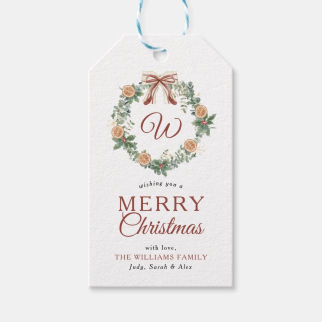 Etiqueta Para Presente Monograma Merry Christmas Orange Wreath Photo (Frente)