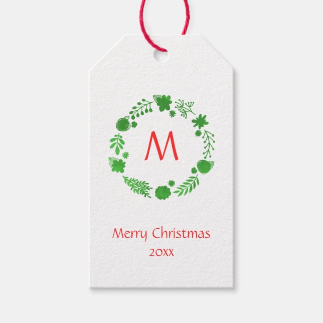 Etiqueta Para Presente Monograma Vermelho de Wreath de Natal Verde (Frente)