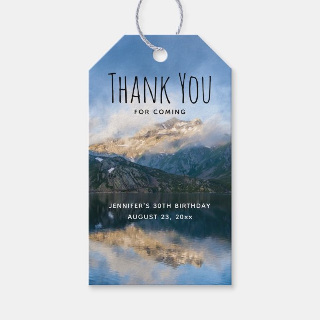 Etiqueta Para Presente Montanhas e Lago Natureza Aniversário Obrigado (Frente)
