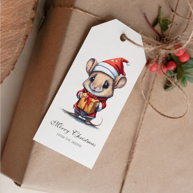 Etiqueta Para Presente Mouse de Natal bonito personalizado (Cute Christmas Mouse Personalized Gift Tag)