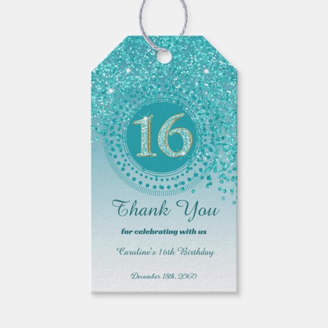 Etiqueta Para Presente Muito Obrigado, Moderna Glitter Teal Doce 16 (Frente)